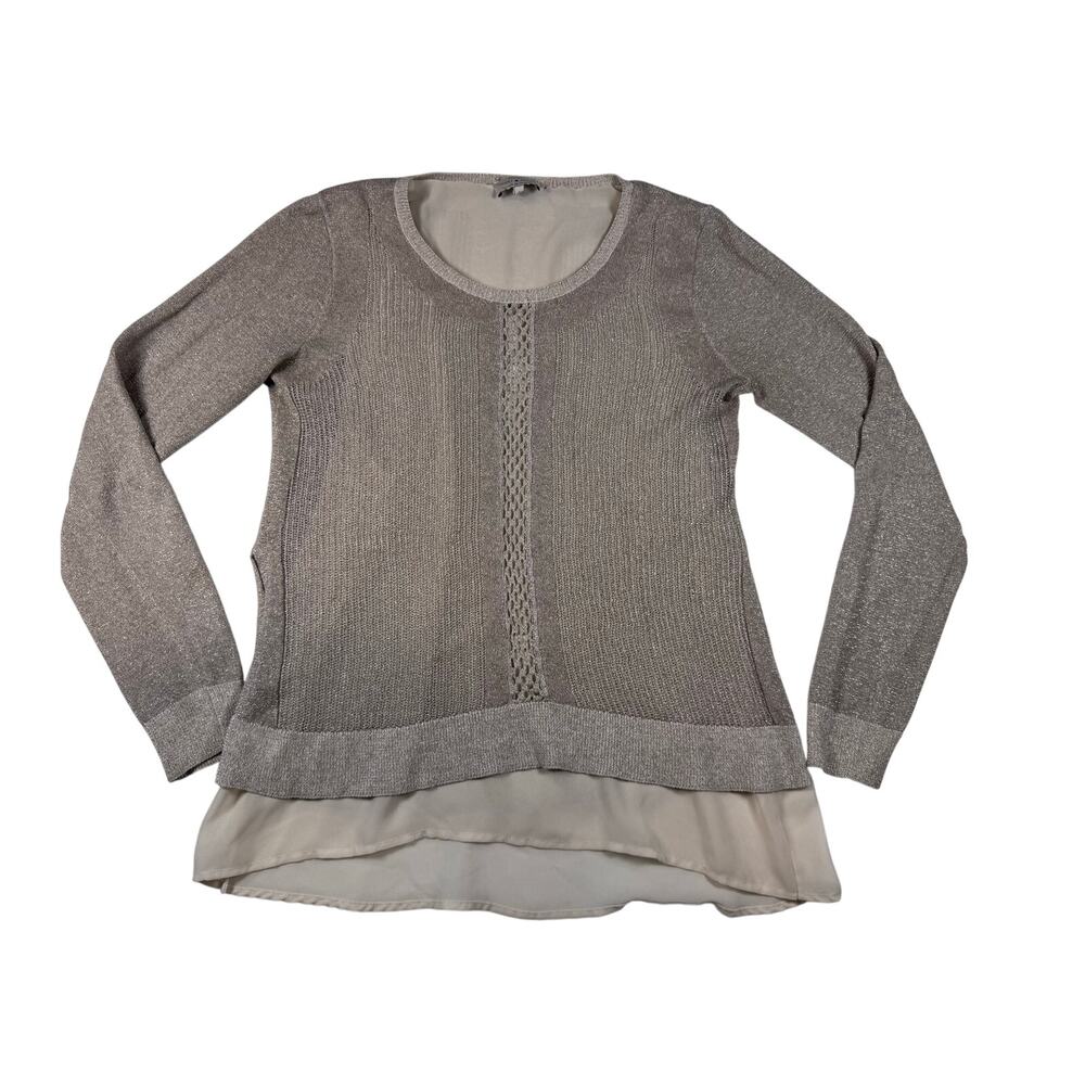 Lucky Brand Women’s Small Metallic Linen Blend Layered Sweater Top Beige Gold